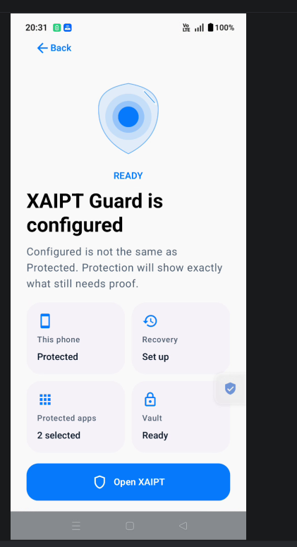 XAIPT Guard configured product dashboard